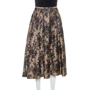 Celine Black And Beige Floral Silk Jacquard Flared Skirt S