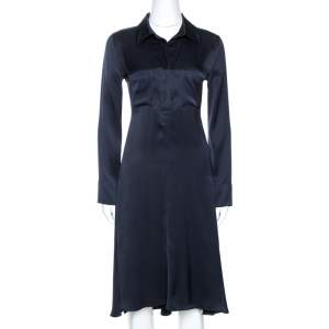 Celine Navy Blue Silk Satin Flared Shirt Dress S