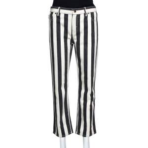 Pre Owned Celine Black Striped Cotton Denim Cropped Pants M