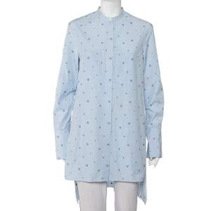 فستان قميص سيلين قطن مقلم أزرق مطرز حافة غير متماثلة مقاس وسط (ميديوم)