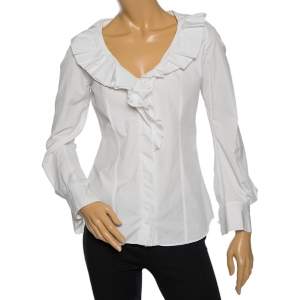 قميص سيلين رقبة مكشكشة قطن أبيض مقاس متوسط