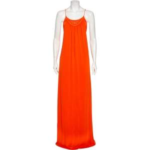 Celine Orange Jersey Embroidered Neck Detail Maxi Dress M