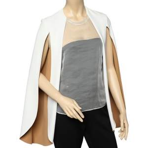 Celine Cream & Brown Crepe And Silk Cape Sleeve Sheer Detail Top M