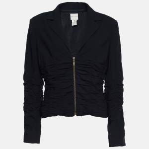 Celine Black Crepe Wool Ruched Zip Front Jacket L