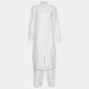Celine Off White Linen Eyelet Patterned Button Front Tunic & Pant Set L 