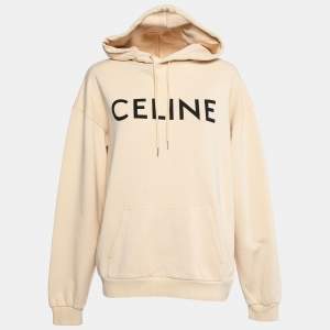 Celine Cream Cotton Logo Printed Long Sleeve Hoodie L