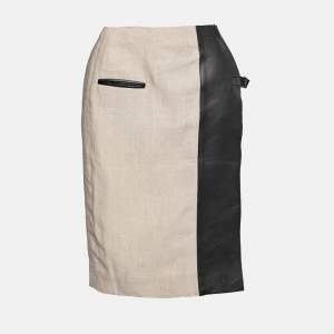Celine Beige Linen & Leather Paneled Wrap Skirt M