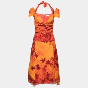 Celine Yellow and Orange Floral Printed Silk Dress S