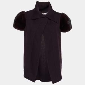 Celine Dark Purple Cashmere Knit Fur Sleeve Wrap Sweater M