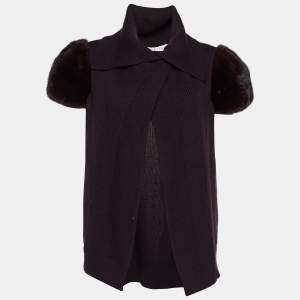 Pre Owned Celine Dark Purple Cashmere Knit Fur Sleeve Wrap Sweater M