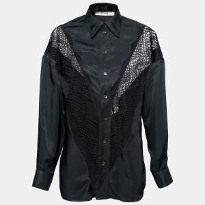 Pre Owned Celine Black Satin Lace Insert Long-Sleeve Shirt L   