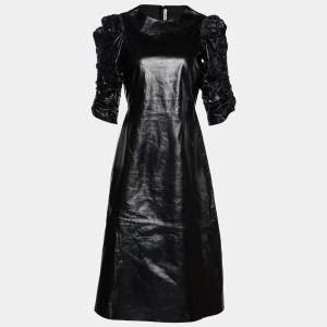 Celine Black Leather Ruched Sleeve Midi Dress S