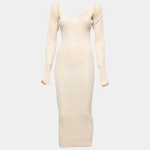 Celine Cream Ribbed Knit Long Bodycon Dress S