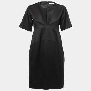 Celine Black Cotton Twill Plunge Neck Midi Dress S