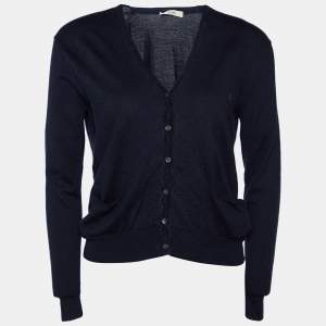 Celine Navy Blue Wool & Silk Knit Button Front Cardigan S