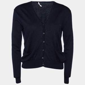 Pre Owned Celine Navy Blue Wool & Silk Knit Button Front Cardigan M