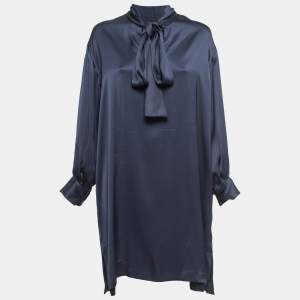 Celine Blue Silk Neck Tie Detail Long Sleeve Midi Dress S