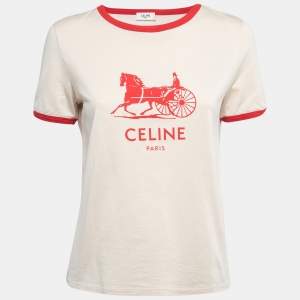 Celine Beige/Red Printed Cotton Half Sleeve Crew Neck T-Shirt M