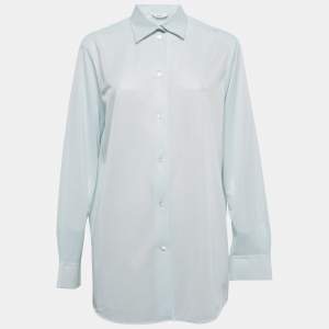 Pre Owned Celine Light Blue Synthetic Button Front Full Sleeve Shirt M