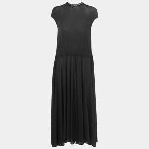 Celine Black Jersey Studded Leather Trimmed Sleeveless Flared Maxi Dress M