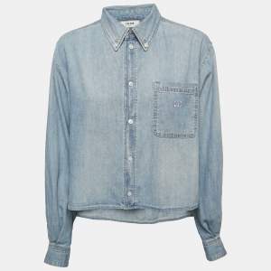Pre Owned Celine Blue Washed Denim Button Front Full Sleeve Cropped Shirt L