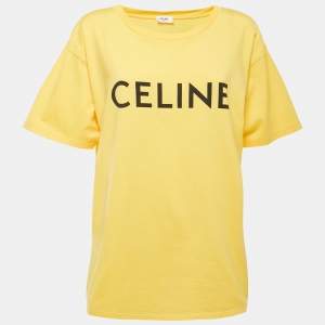 Pre Owned Celine Yellow Logo Printed Cotton Knit Oversized T-Shirt L