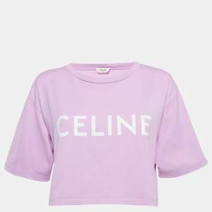 Celine Purple Logo Print Cotton Crop T-Shirt M