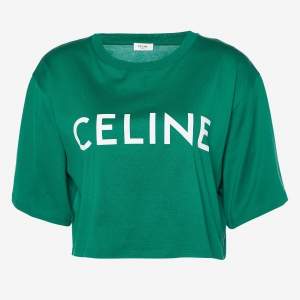 Celine Green Logo Print Cotton Cropped T-Shirt M