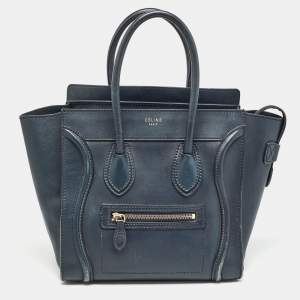Pre Owned Celine Navy Blue Leather Micro Luggage Tote