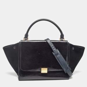 Celine Black Patent Leather and Suede Medium Trapeze Top Handle Bag