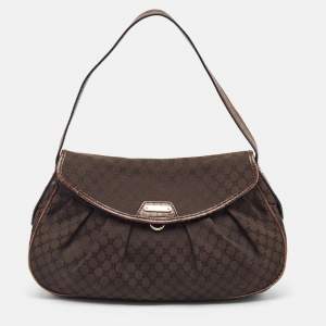 Celine Dark Brown Macadam Fabric and Leather Flap Hobo