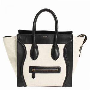 Pre Owned Celine Cream/Black Canvas and Leather Mini Luggage Tote