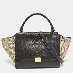 Celine Black/Beige Python and Leather Medium Trapeze Top Handle Bag