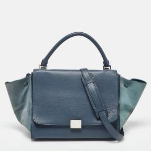 Celine Blue Leather and Suede Medium Trapeze Top Handle Bag