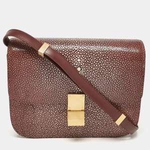 Celine Burgundy Stingray and Leather Medium Classic Box Shoulder Bag