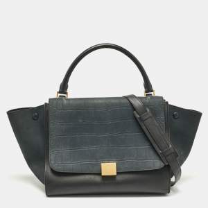 Celine Black Croc Embossed Nubuck and Leather Medium Trapeze Bag