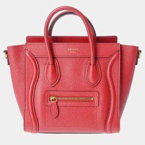 Celine Red  Drummed Calfskin Nano Shopper Luggage Handbag