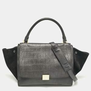 Celine Black Croc Embossed Leather and Suede Medium Trapeze Top Handle Bag