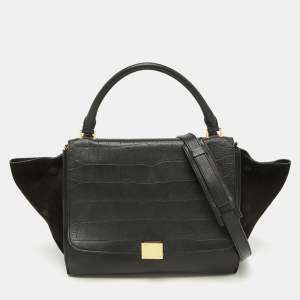 Celine Black Croc Embossed Leather and Suede Medium Trapeze Top Handle Bag
