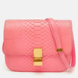 Celine Neon Pink Python Classic Box Flap Crossbody Bag