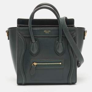 Pre Owned Celine Dark Green Leather Nano Luggage Tote