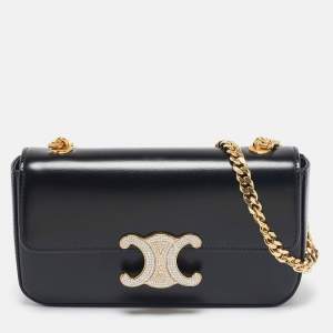 Pre Owned Celine Black Leather Crystal Embellished Claude Shoulder Bag