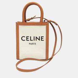 Celine Light Brown/Off-White Leather/Canvas Vertical Cabas Mini Logo Tote Bag
