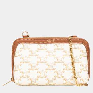 Celine Brown White Coated Canvas Triomphe Clutch On Chain