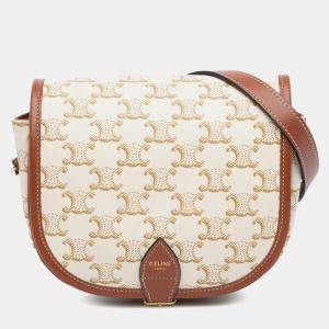 Celine Brown White Medium Triomphe Coated Canvas Folco Crossbody