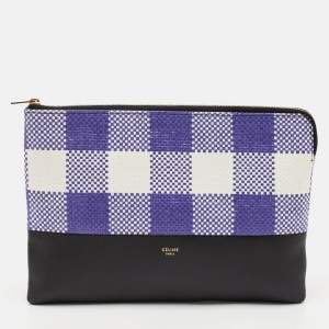 Celine Purple/Black Woven Raffia and Leather Gingham Clutch