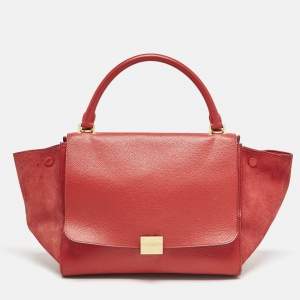 Celine Red Leather and Suede Medium Trapeze Top Handle Bag