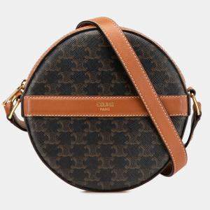 Celine Brown Triomphe Coated Canvas Round Purse on Strap