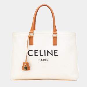 Celine White Small Canvas Logo Print Horizontal Cabas Tote