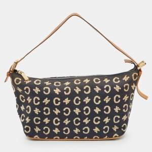 Celine Navy Blue/Brown Macadam Canvas and Leather Boat Shoulder Bag